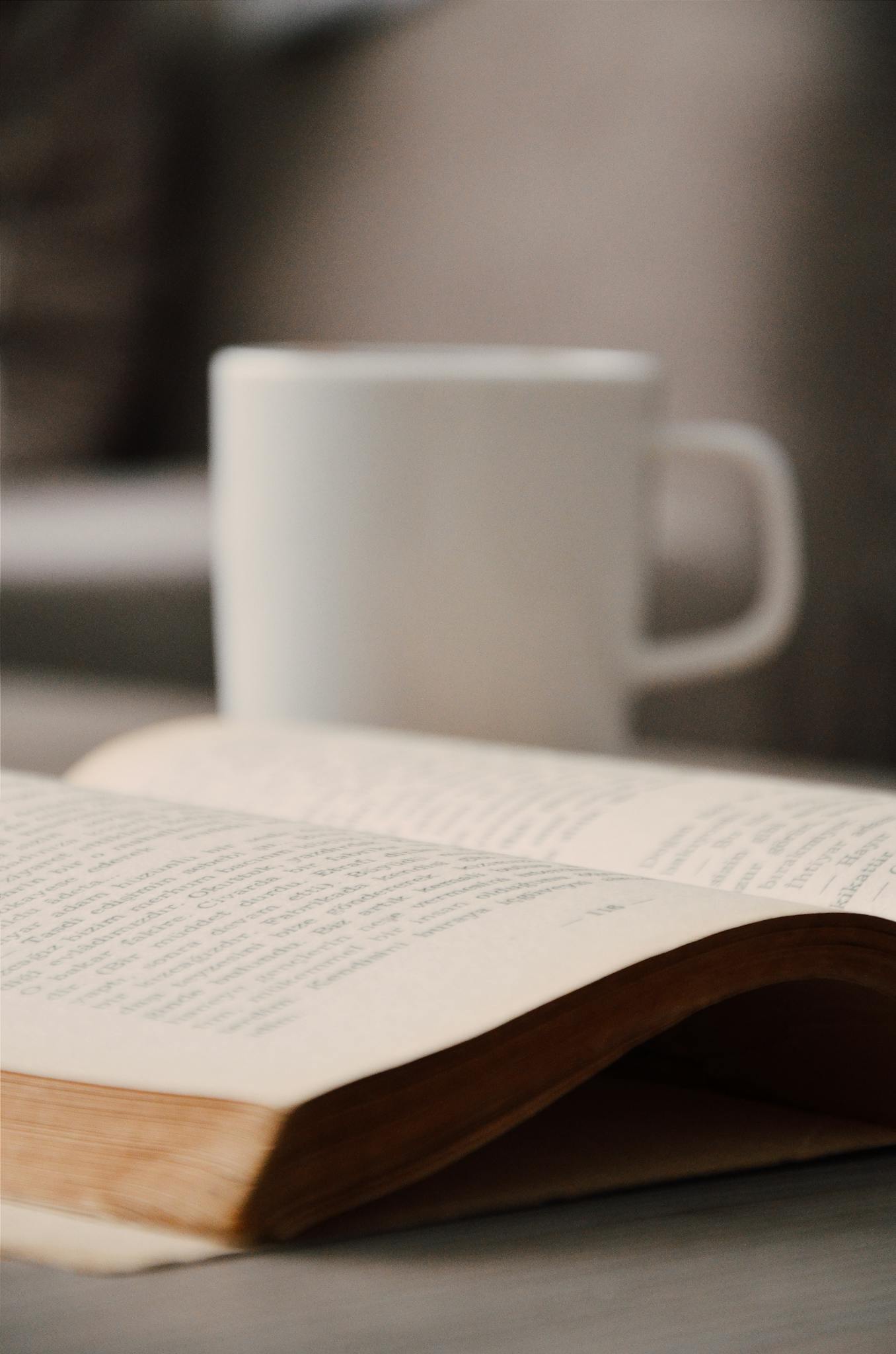 A cozy setting with an open book and cup, perfect for a relaxing reading session.